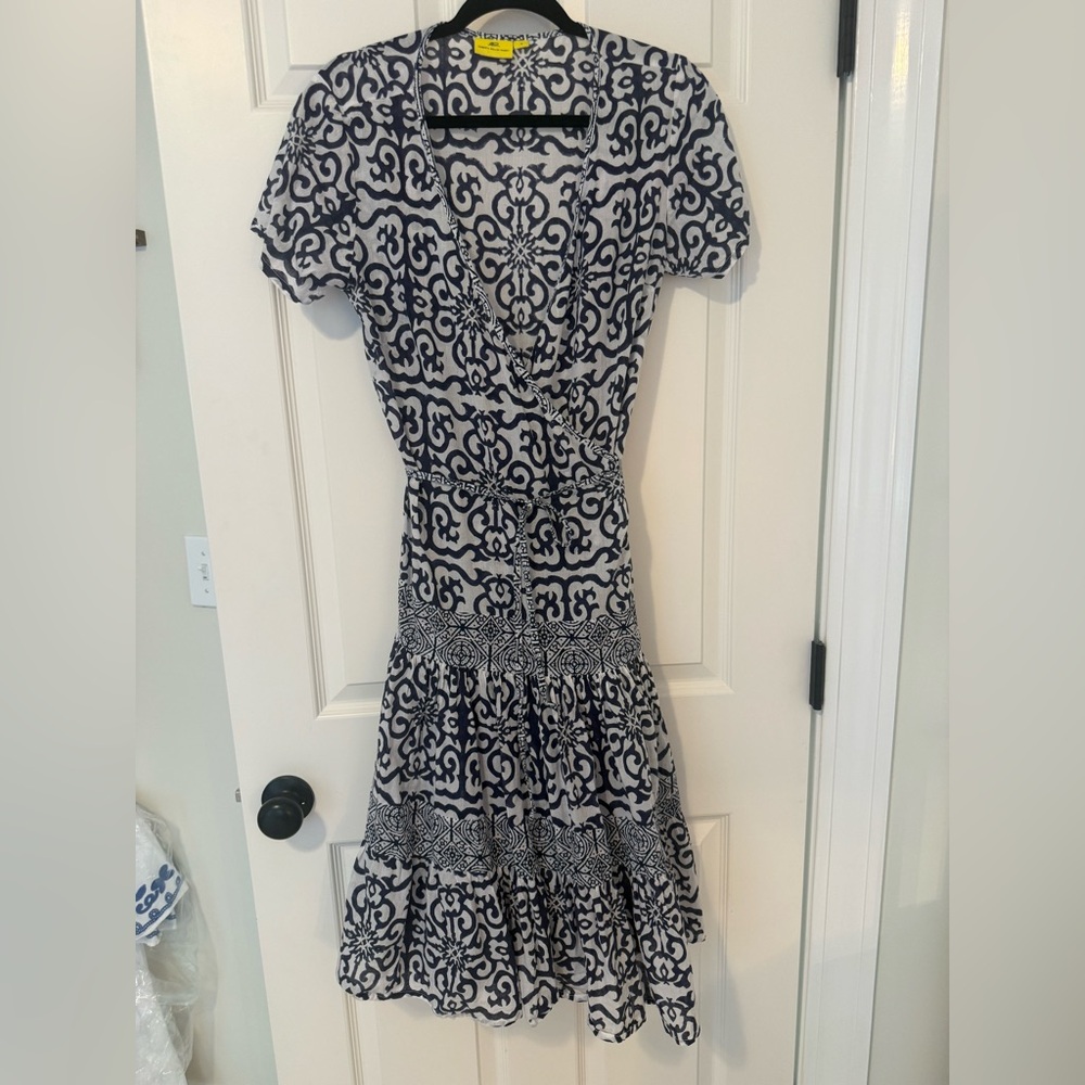Roberta Roller Rabbit blue white Print Wrap Dress summer Flowy  Sz small